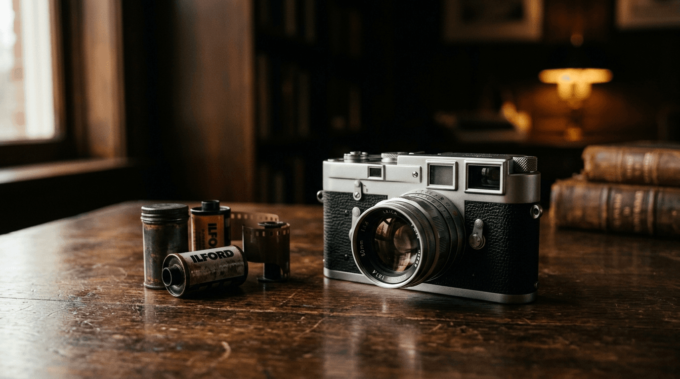 木の机に置かれたヴィンテージフィルムカメラと35mmフィルム