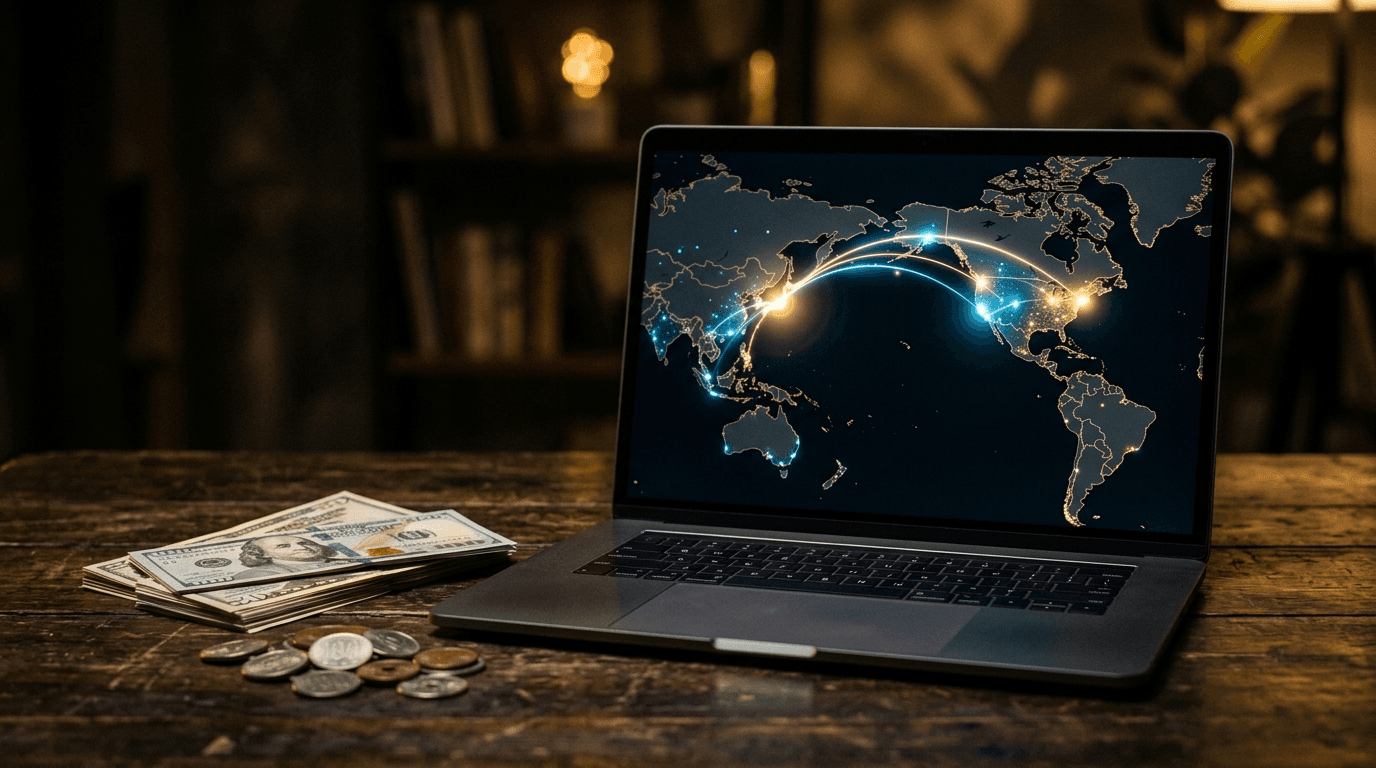 海外送金のイメージ — ノートPCに表示された世界地図とドル・円