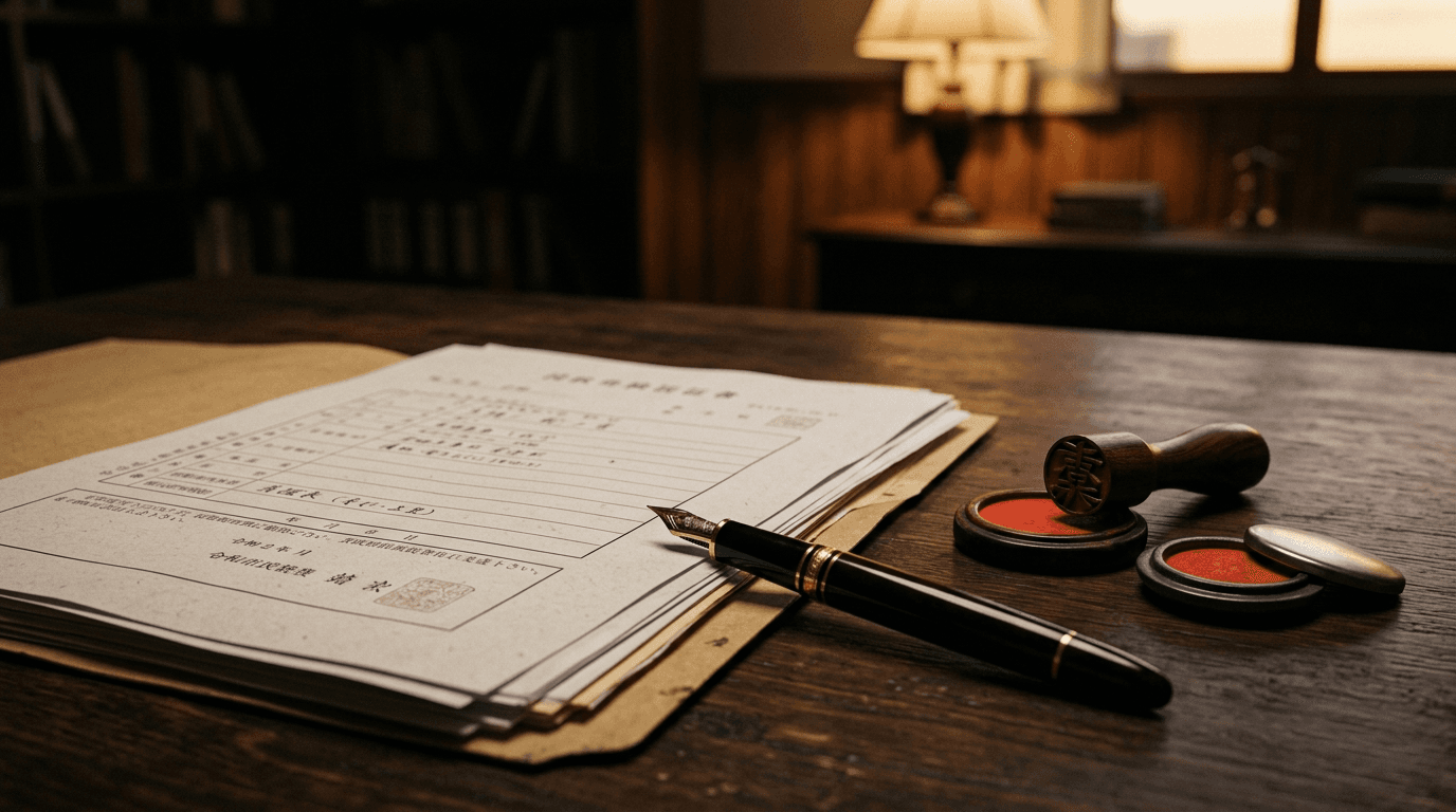 古物商許可の申請書類とハンコを机に並べたイメージ
