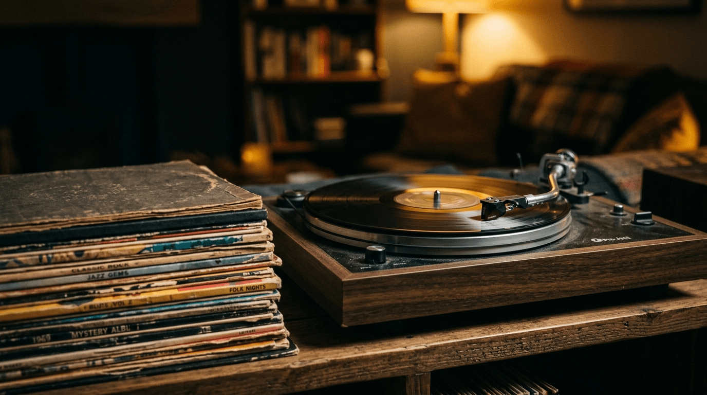 ターンテーブルの上に置かれたレコードと、その横に積まれたヴィンテージのアナログ盤