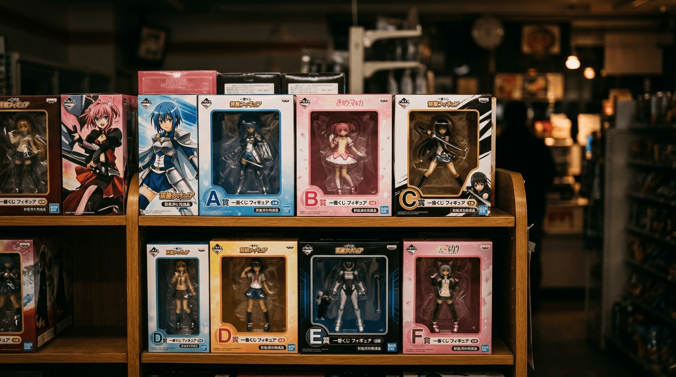 コンビニのくじ引き景品として並ぶフィギュアの化粧箱が棚に陳列されている様子