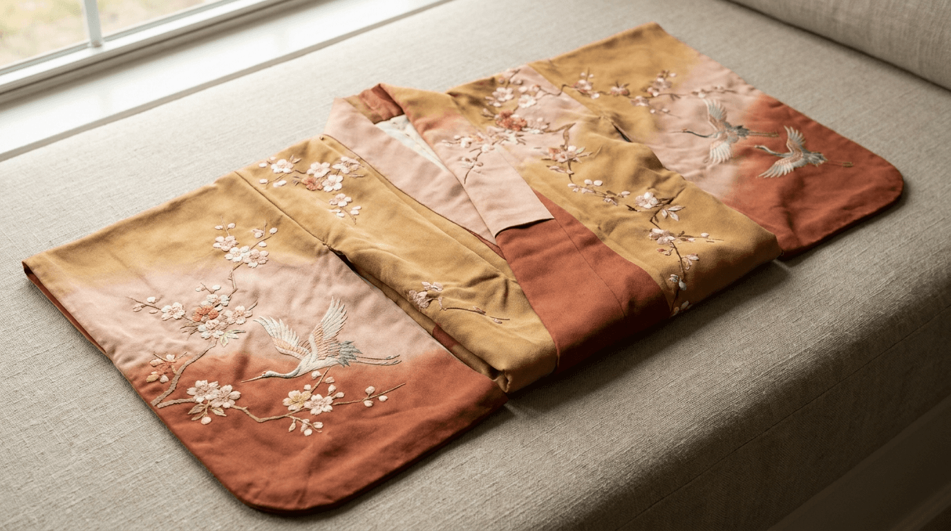 美しい日本のヴィンテージ着物 — 桜と鶴の柄