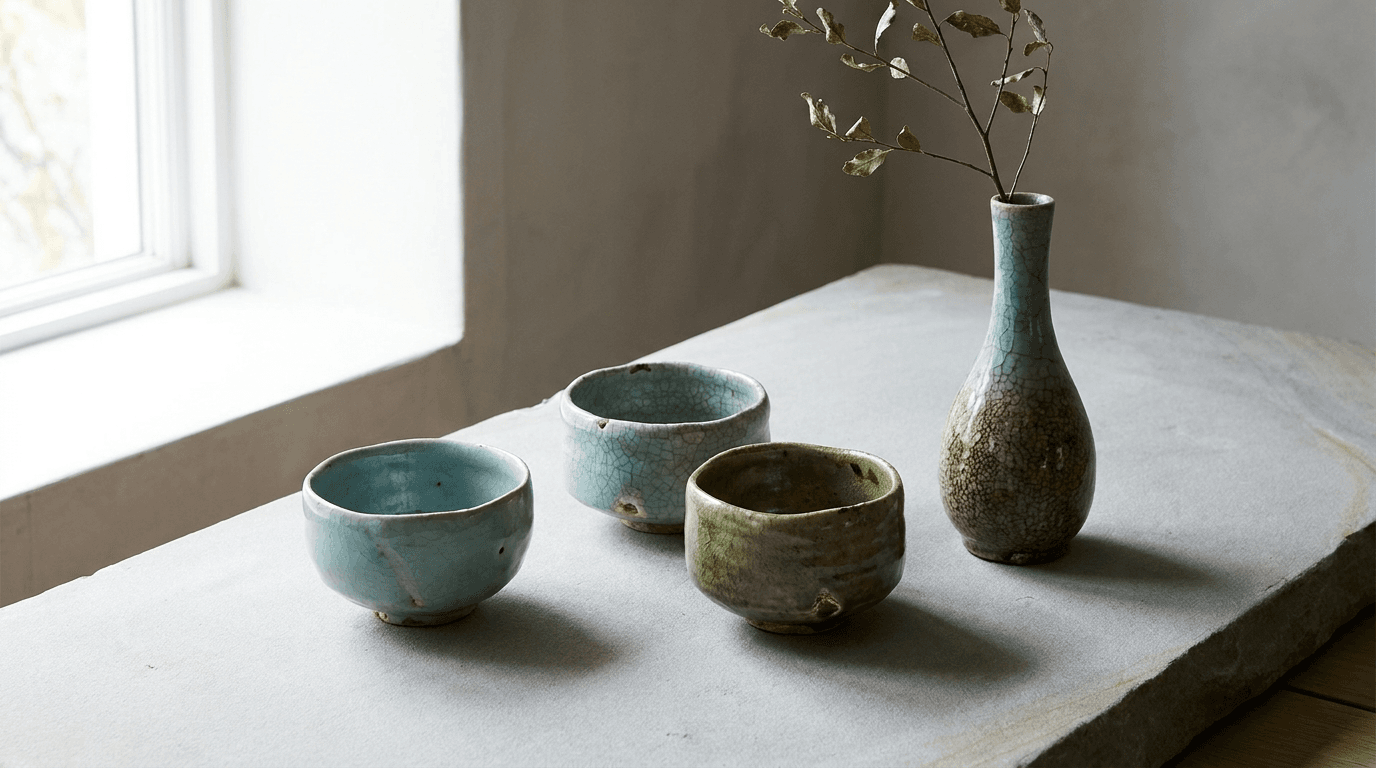 日本の手仕事の陶器 — 青磁の茶碗と花器