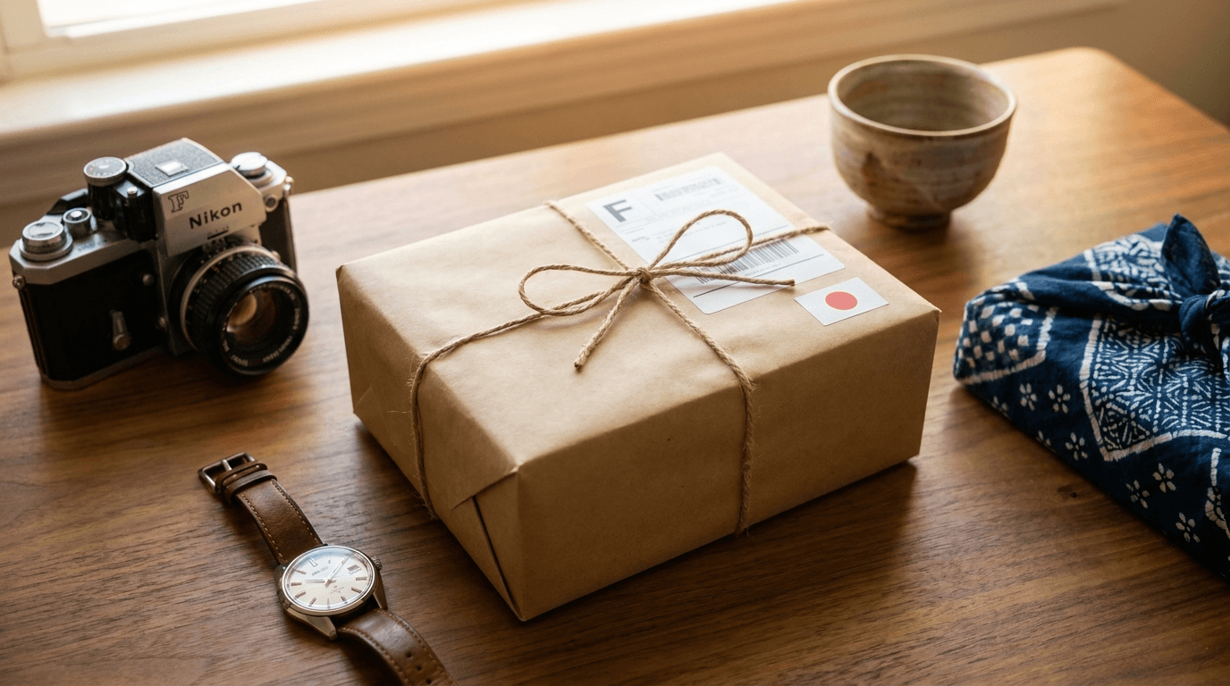 A parcel from Japan surrounded by Japanese collectibles